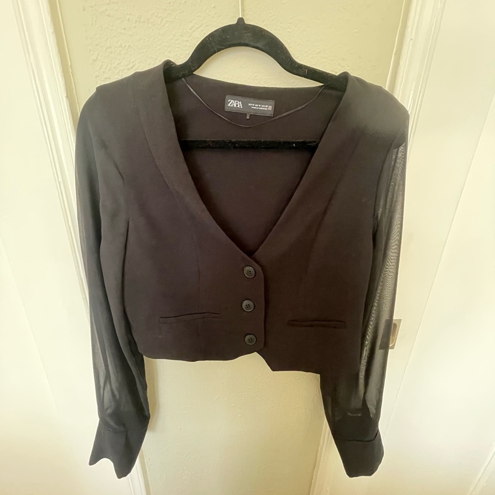 Zara sheer sleeve v neck cropped suit jacket